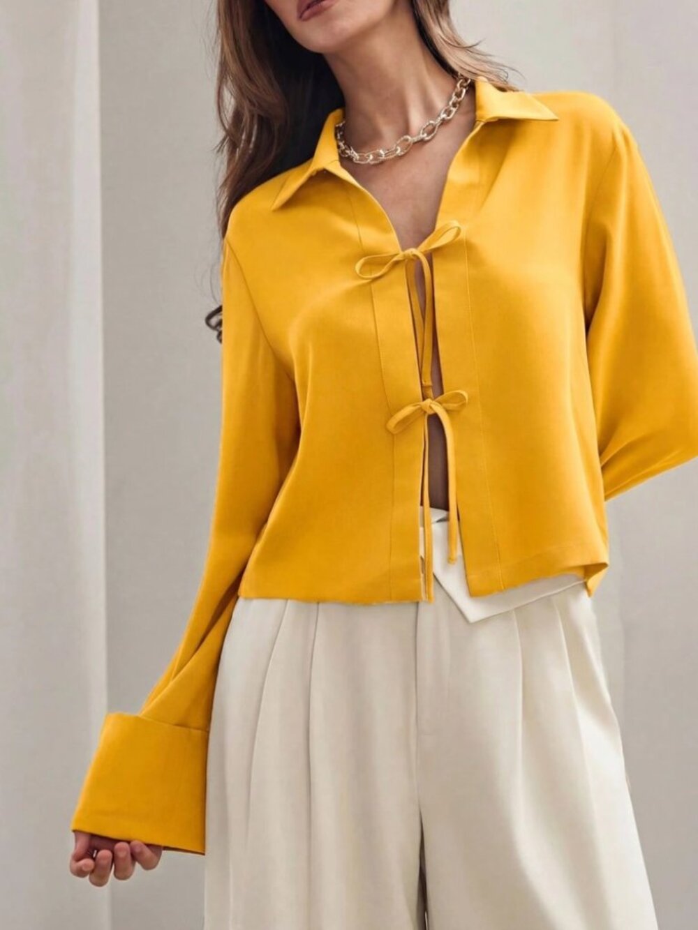 Marigold Yellow Tie-Front Blouse with Collar